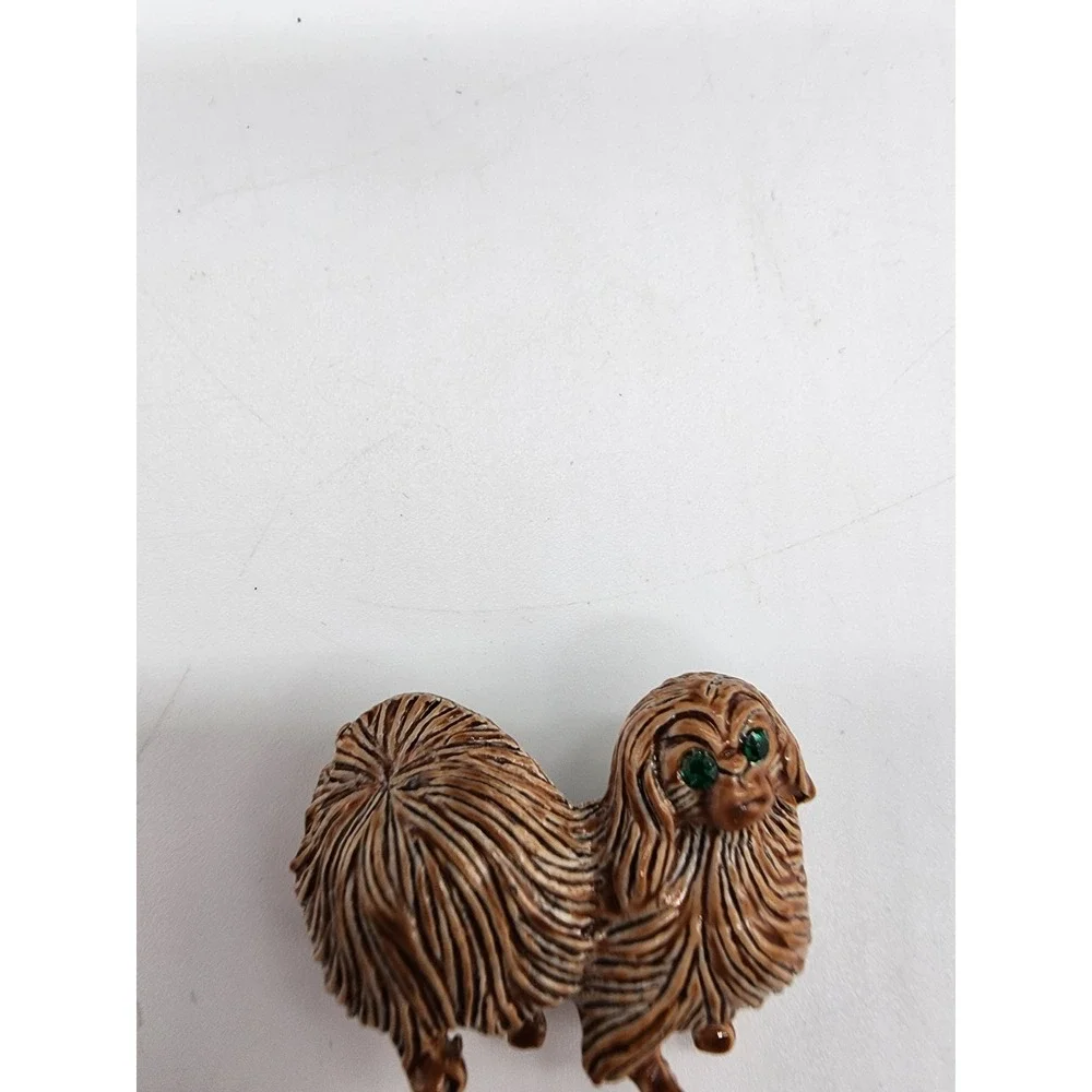 Vintage Pekingese Dog Brooch Green Rhinestone Eyes Gold Tone Canine Pin